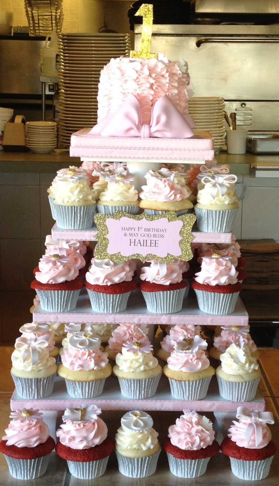 Cupcake Birthday Cakes
 Pretty In Pink 1St Birthday baptism Cupcake Tower
