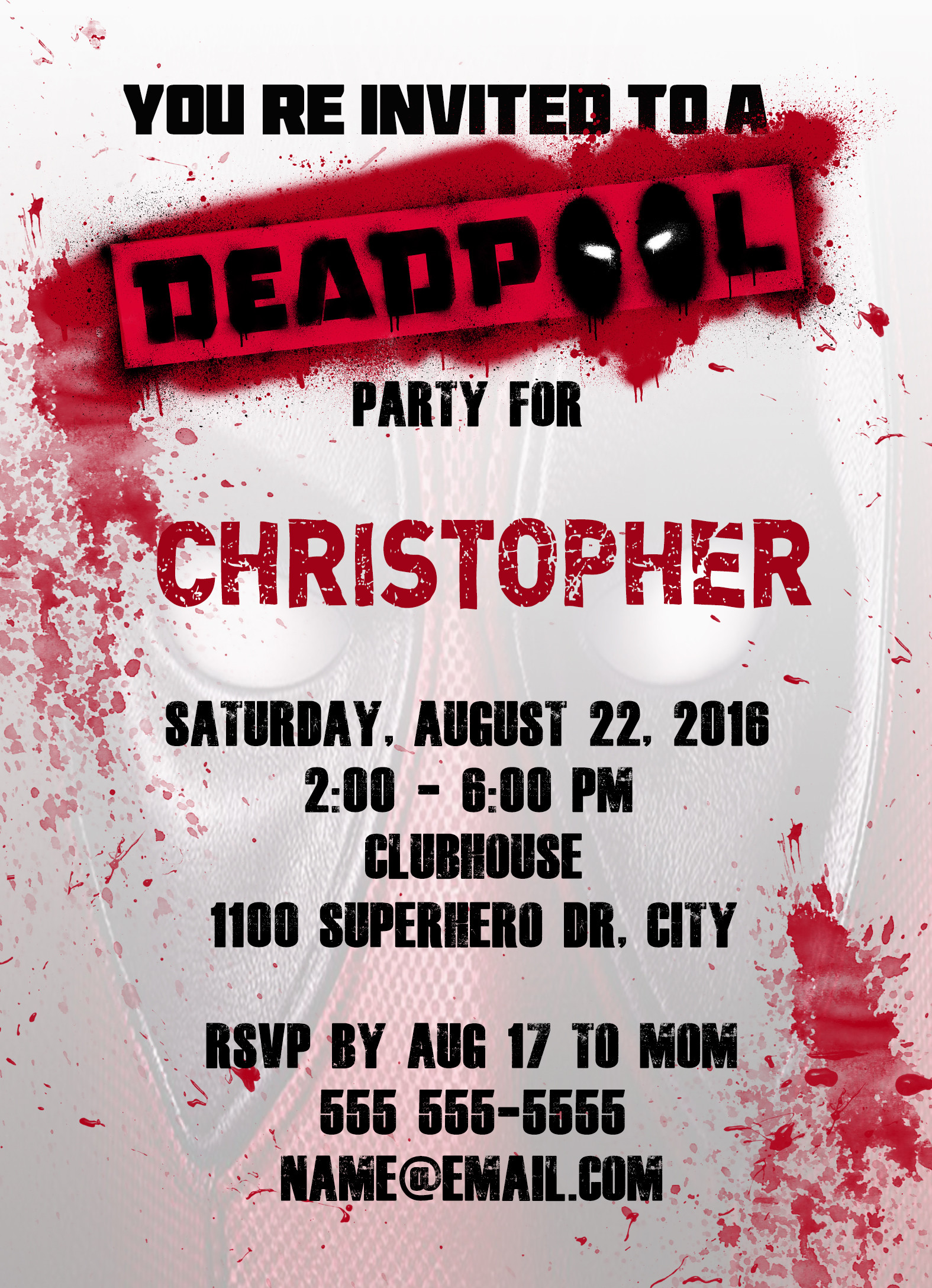 Custom Birthday Party Invitations
 Deadpool Superhero Personalized Birthday Invitation 2