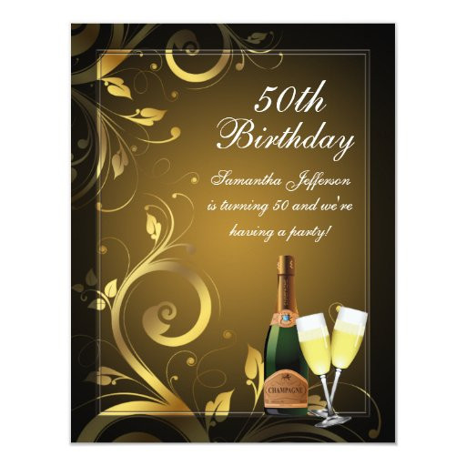 Custom Birthday Party Invitations
 Black and Gold Swirl Custom 50th Birthday Party 4 25" X 5