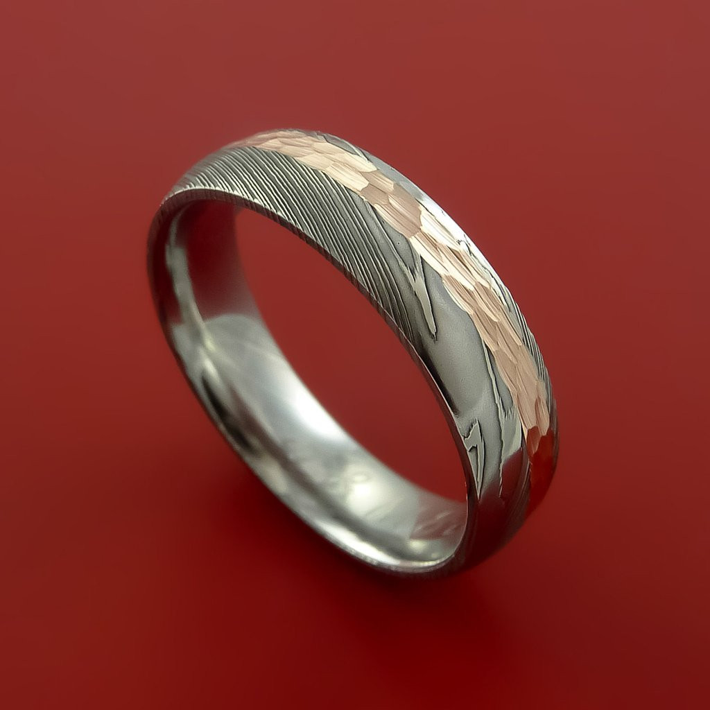 Damascus Steel Wedding Band
 Damascus Steel 14K Rose Gold Ring Wedding Band Custom Made