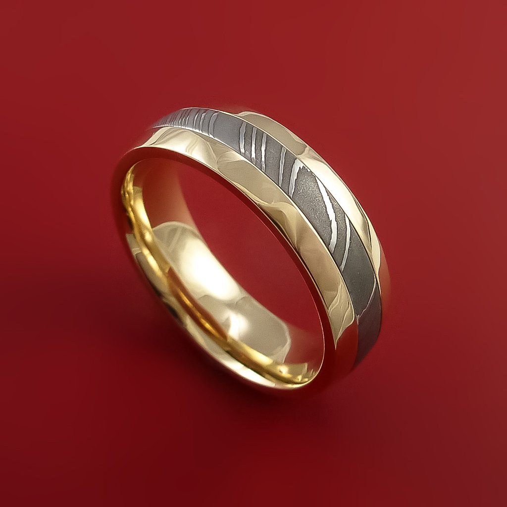 Damascus Steel Wedding Band
 Damascus Steel 14K Yellow Gold Ring Wedding Band Custom