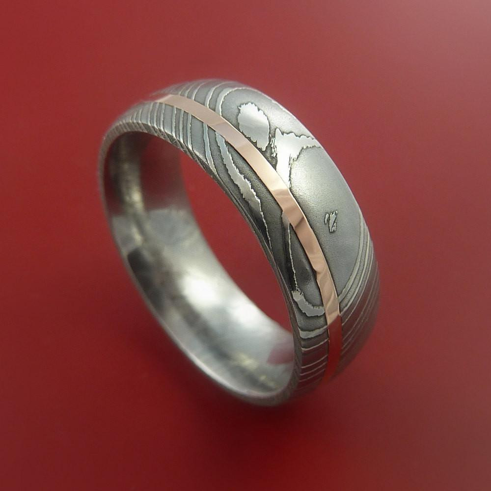 Damascus Steel Wedding Band
 Damascus Steel 14K Rose Gold Ring Wedding Band Custom Made