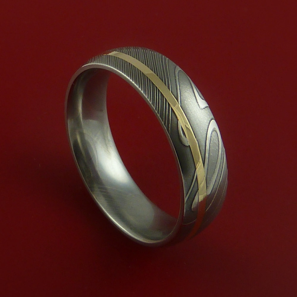 Damascus Steel Wedding Band
 Damascus Steel 14K Yellow Gold Ring Wedding Band Custom Made