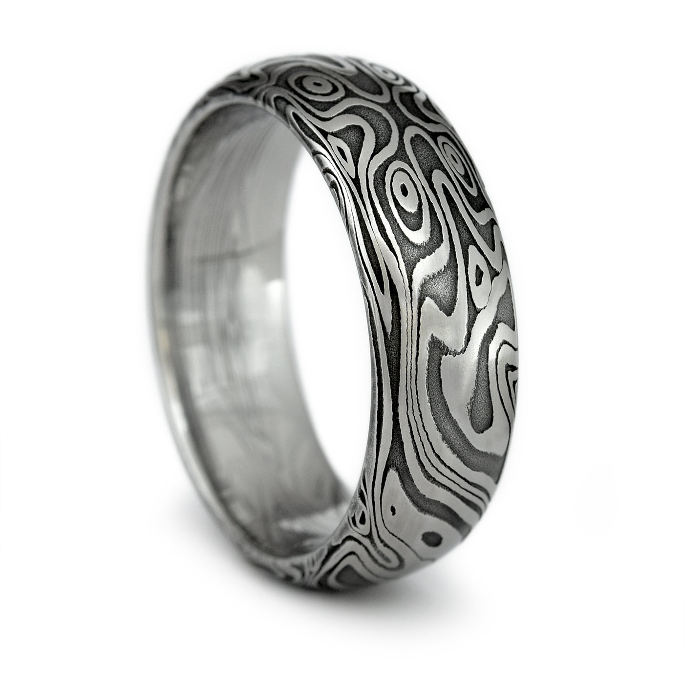 Damascus Steel Wedding Band
 Wood Grain Ring Damascus Steel Men s Domed Wedding Band