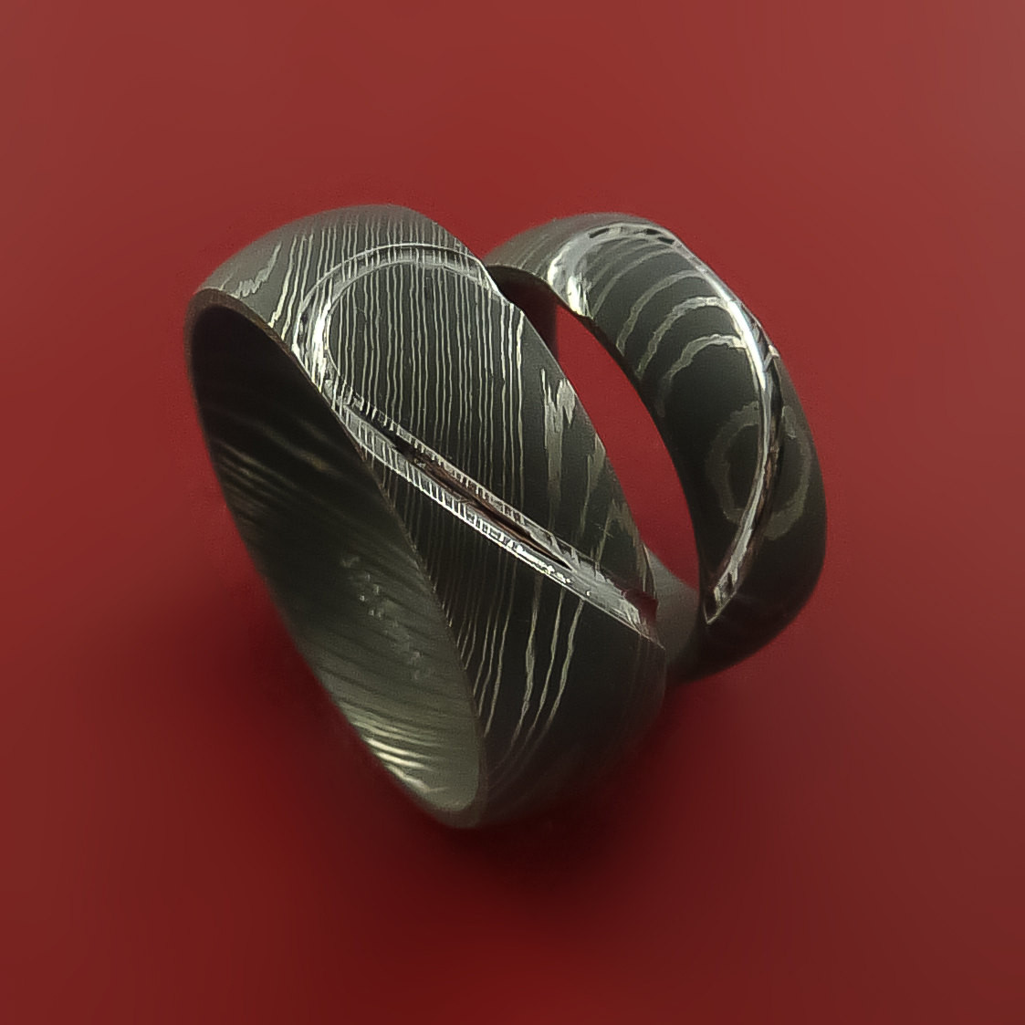 Damascus Steel Wedding Band
 Matching Damascus Steel Heart Carved Ring Set Wedding Bands