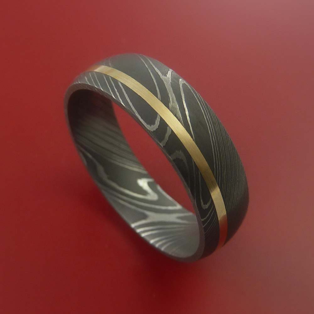 Damascus Steel Wedding Band
 Damascus Steel 14K Yellow Gold Ring Wedding Band Custom Made