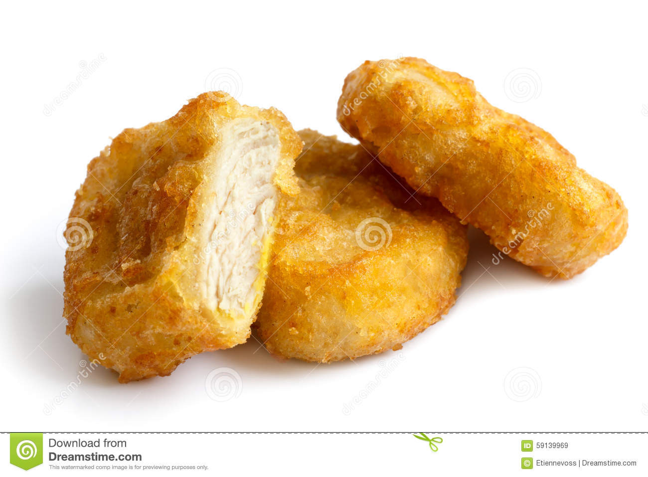Deep Fried Chicken Nuggets
 Three Golden Deep fried Battered Chicken Nug s Isolated