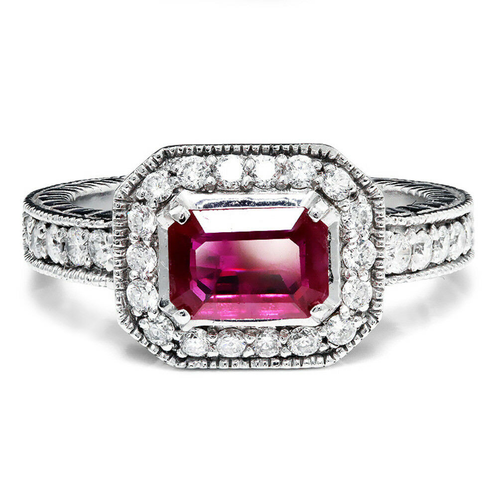 Diamond And Ruby Engagement Rings
 Sideways Set Ruby & Diamond Halo Style Engagement Ring 14K