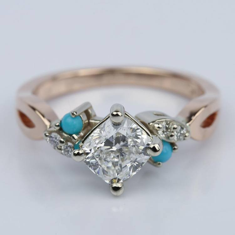 Diamond And Turquoise Engagement Ring
 Turquoise Accented Cushion Diamond Engagement Ring