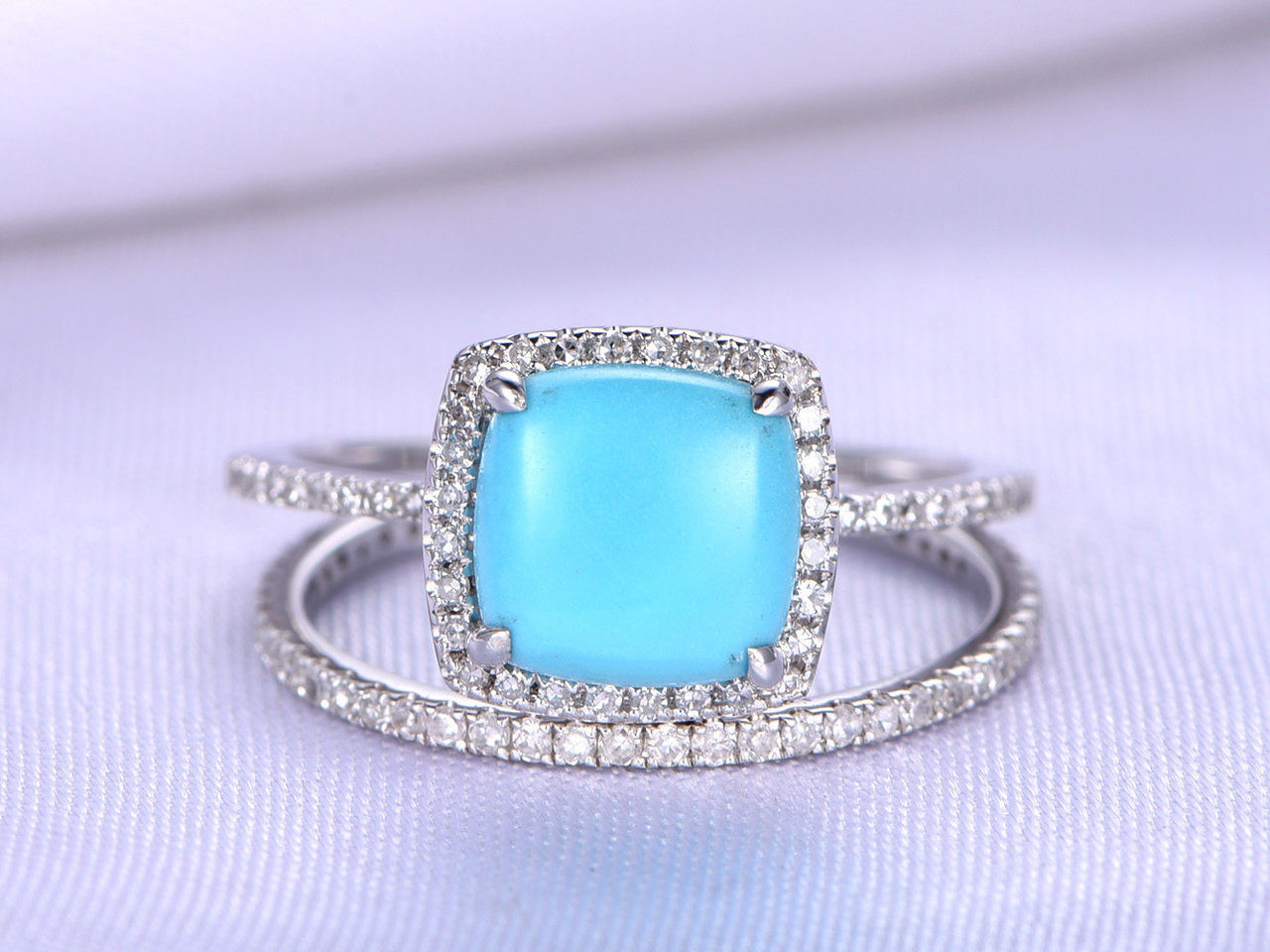 Diamond And Turquoise Engagement Ring
 Sleeping Beauty Turquoise Ring Set 8mm Cushion Cut