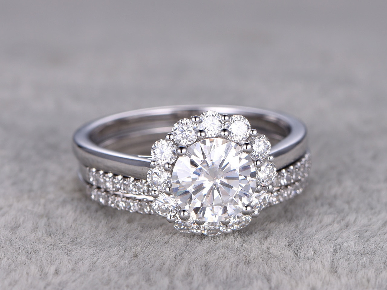 Diamond Wedding Rings Sets
 Flower Moissanite Wedding Ring Set Diamond Curved Matching