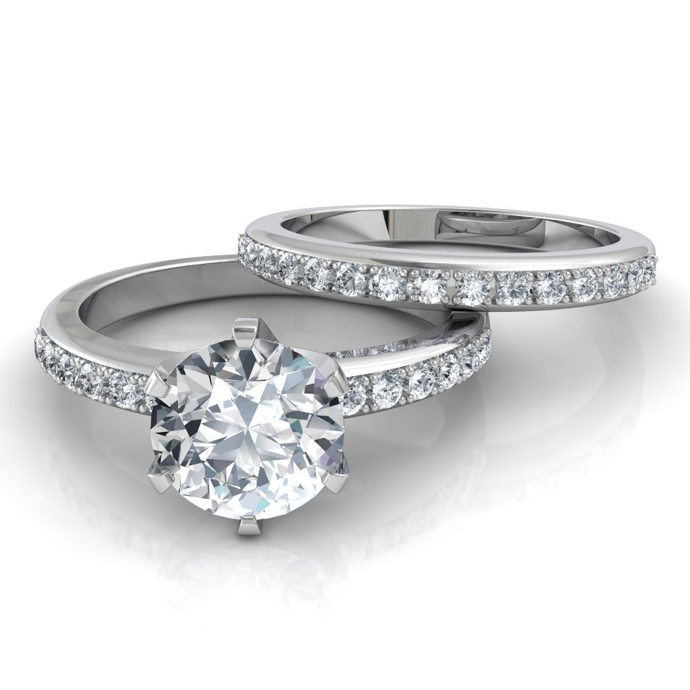 Diamond Wedding Rings Sets
 Six Prong Pavé Solitaire Engagement Ring And Wedding Band