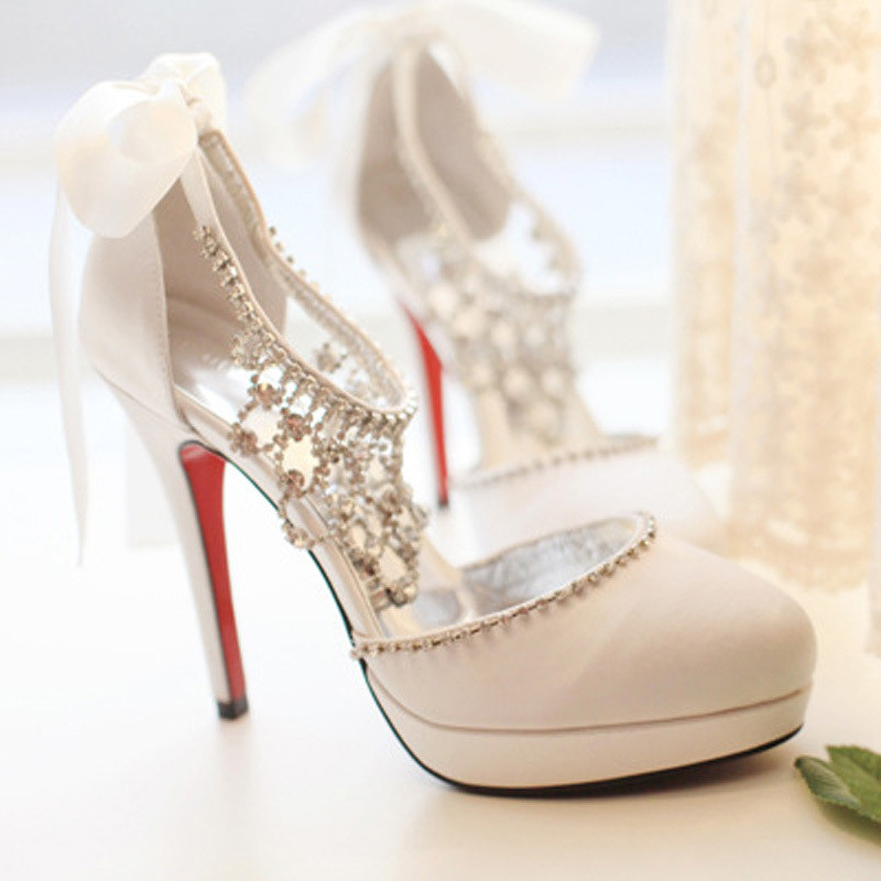 Diamond White Wedding Shoes
 Fashion sweet diamond white bridal shoes satin dress shoes