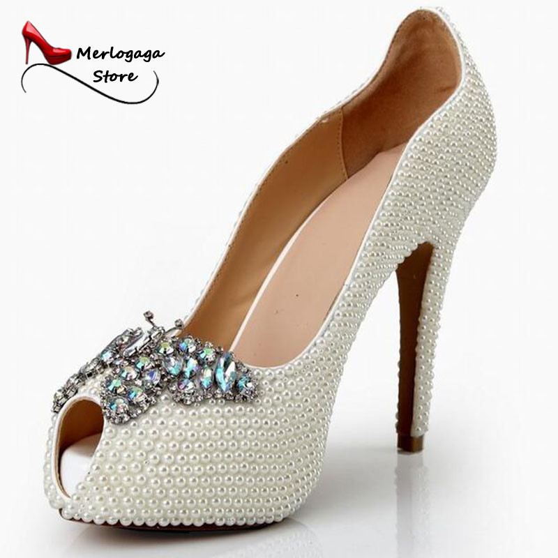 Diamond White Wedding Shoes
 2016 New White wedding shoes Pearl Butterfly shoes Diamond