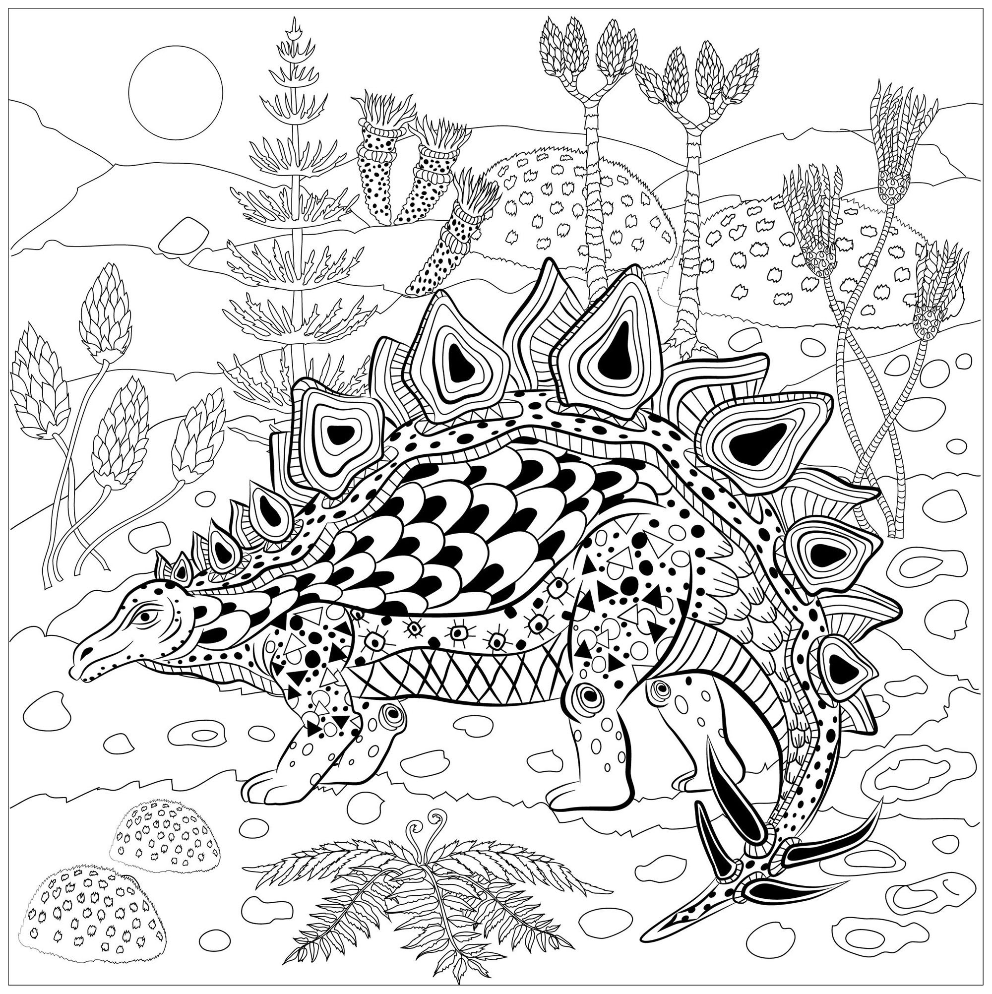 Dinosaur Coloring Pages For Adults
 Stegosaurus in nature Dinosaurs Adult Coloring Pages