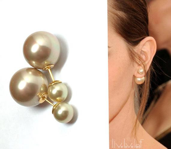 Dior Double Pearl Earrings
 Champagne color Mise en Dior style double pearl earrings Faux