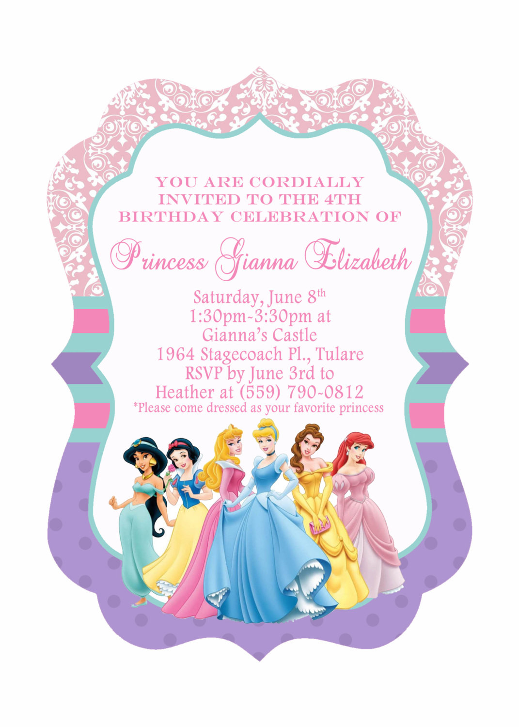 Disney Princess Birthday Invitations
 5x7 Ornate Disney Princess Birthday Invitation Front & Back