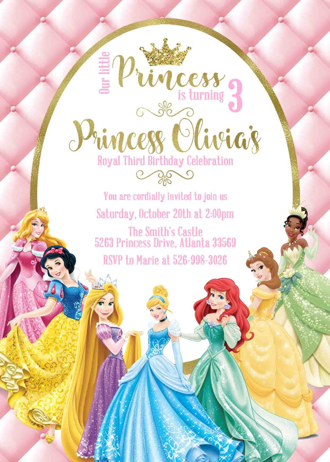 Disney Princess Birthday Party Invitations
 Princess Birthday Invitation Disney Princess Personalized