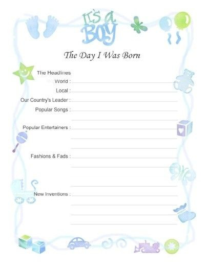 DIY Baby Book Template
 Free Printable Baby Book Page "Day I Was Born Boy