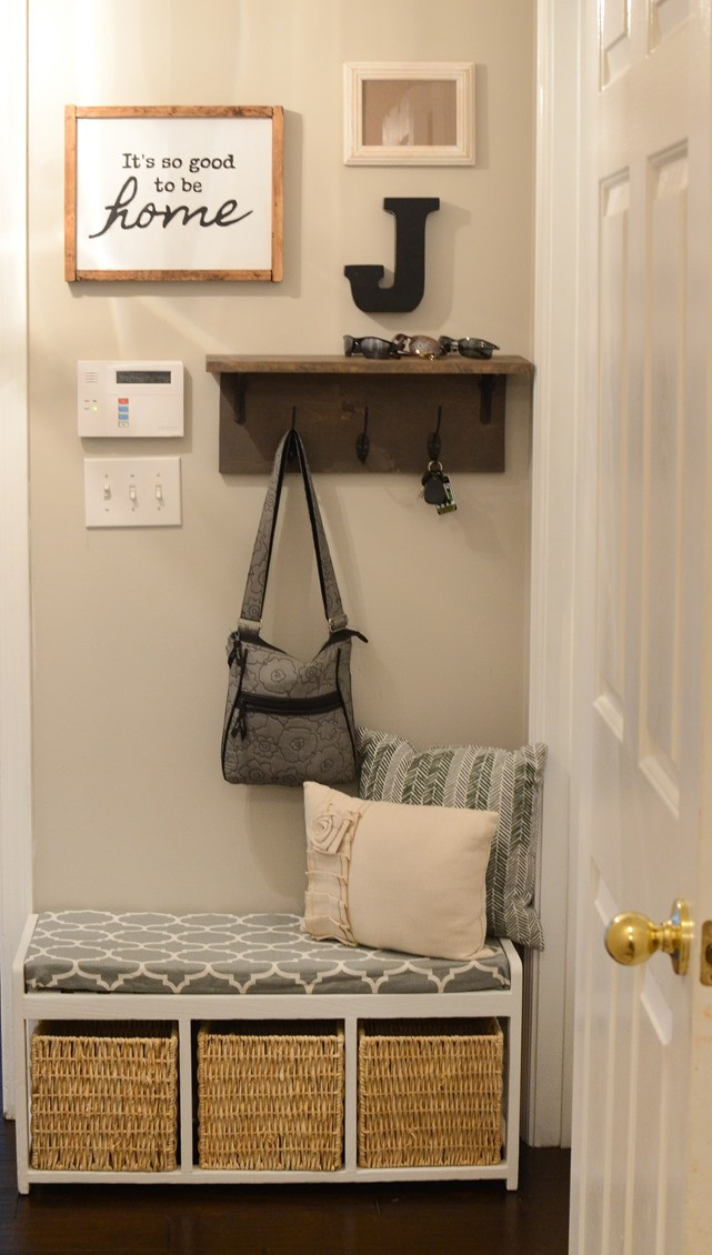 DIY Coat Rack With Shelf
 Mudroom gallery wall DIY coat rack shelf