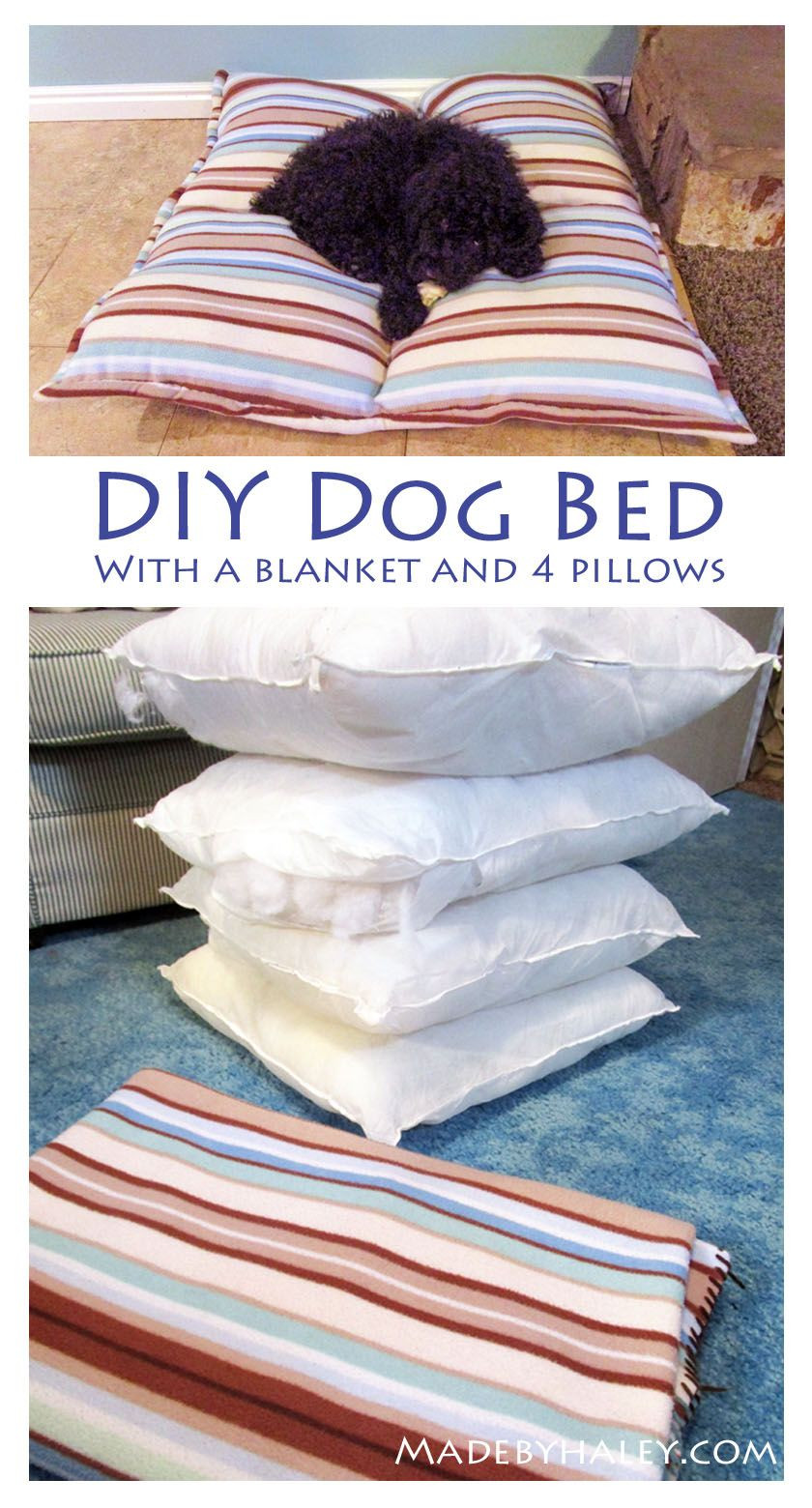 DIY Dog Pillow
 DIY dog bed out of an old blanket and throw pillows So