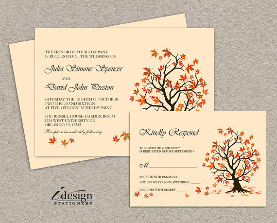 DIY Fall Wedding Invitations
 DIY Fall Wedding Invitation With RSVP Card Printable Falling