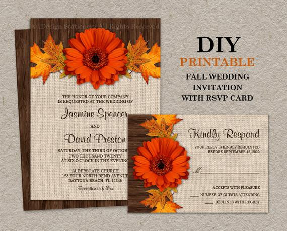 DIY Fall Wedding Invitations
 Items similar to DIY Fall Wedding Invitations With RSVP