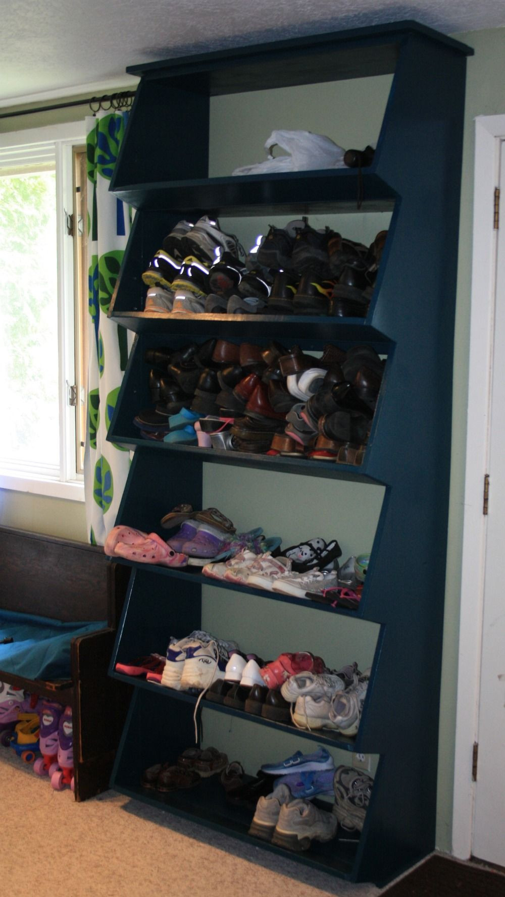 DIY Garage Shoe Rack
 Floor to ceiling Shoe Shelf with Angled Front Shelf