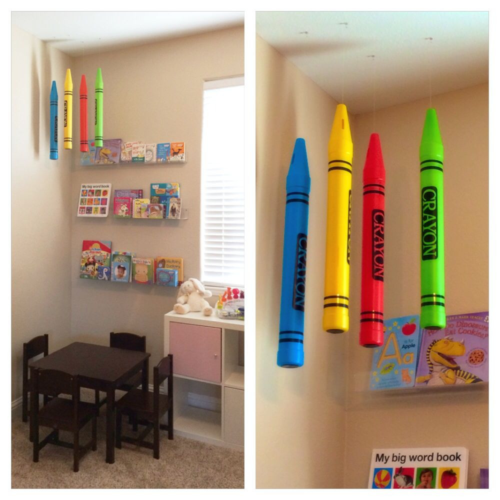 DIY Hanging Ceiling Decorations
 Giant Crayon Banks from the Dollar Tree Store hanging