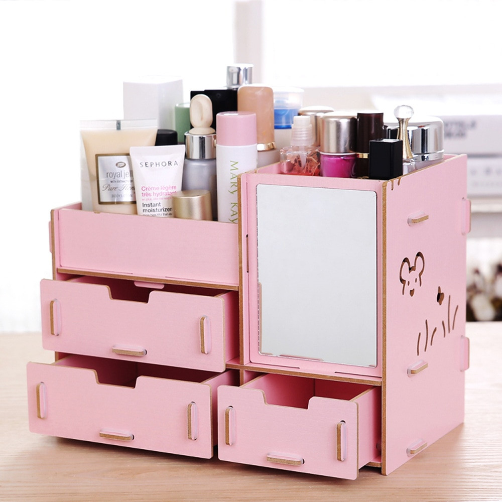DIY Makeup Organizer Box
 New Wood Makeup Organizer with Mirror Elegant Jewelry