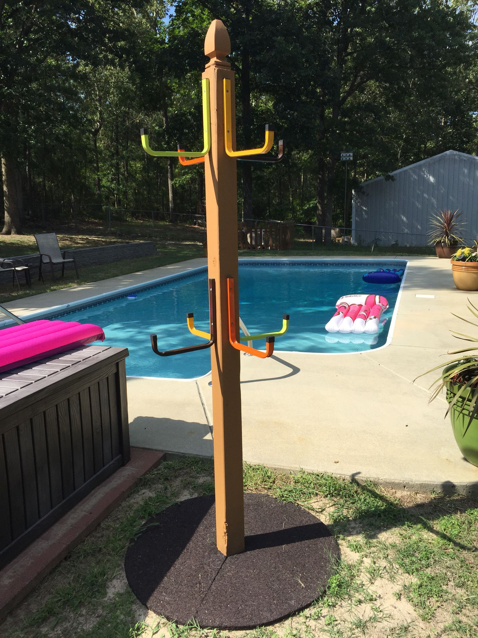 DIY Outdoor Towel Rack
 Pool towel rack Made this with 4x4 post post cap ladder