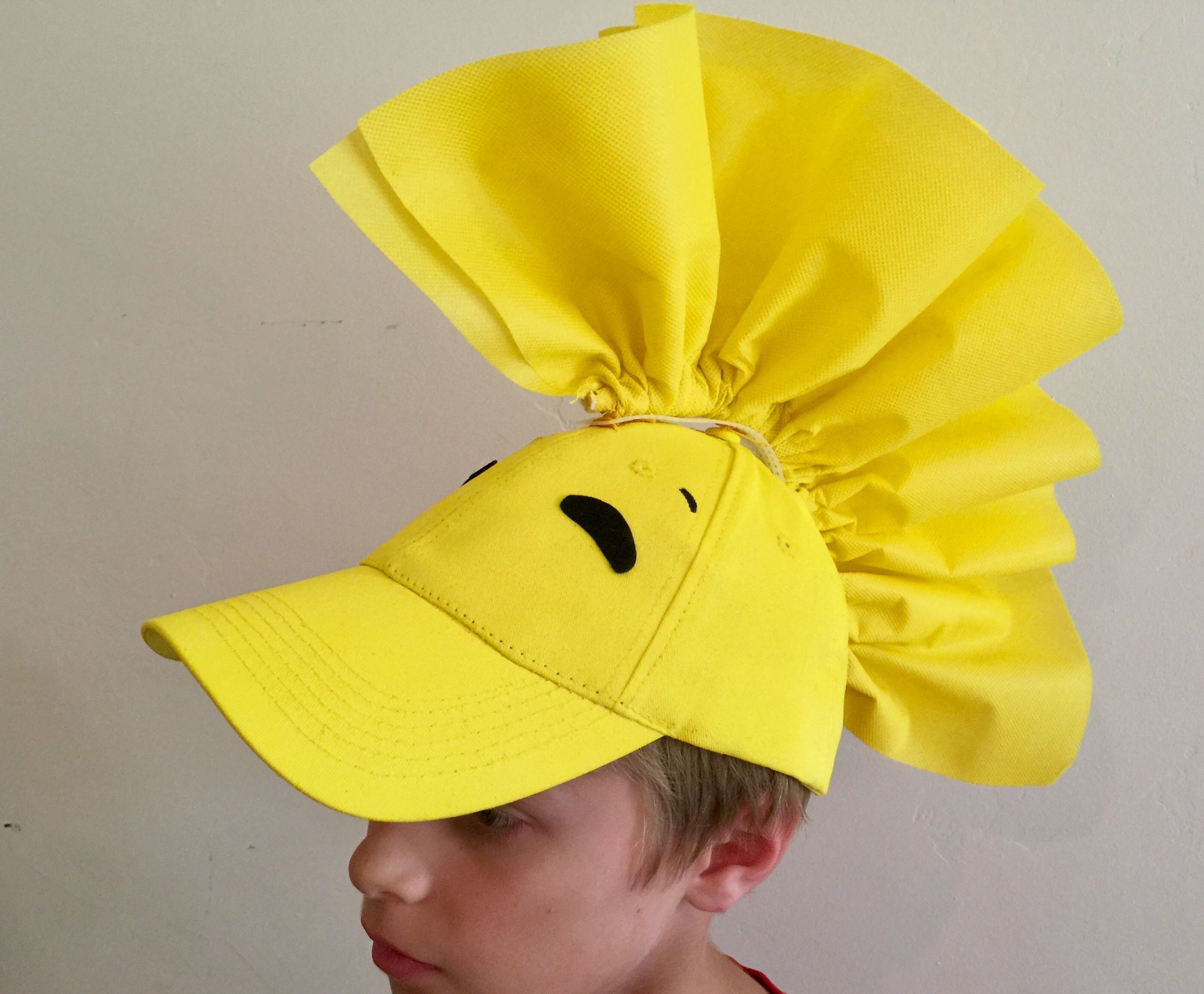 DIY Snoopy Costume
 Woodstock costume made from a yellow baseball cap and