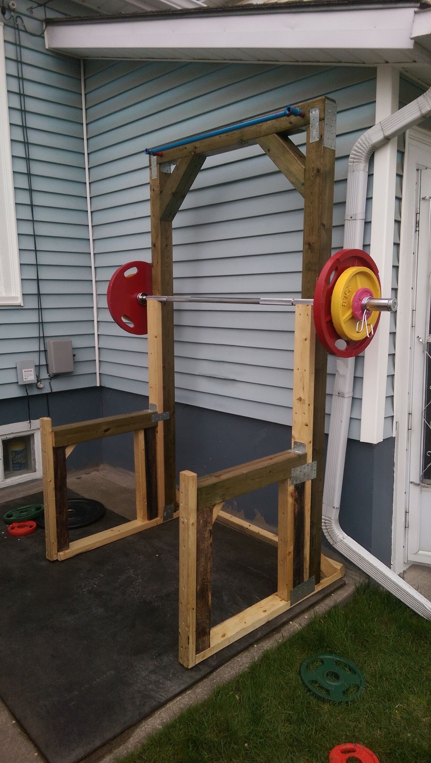 DIY Squat Rack
 Decided I wanted to work out in my backyard so I built a