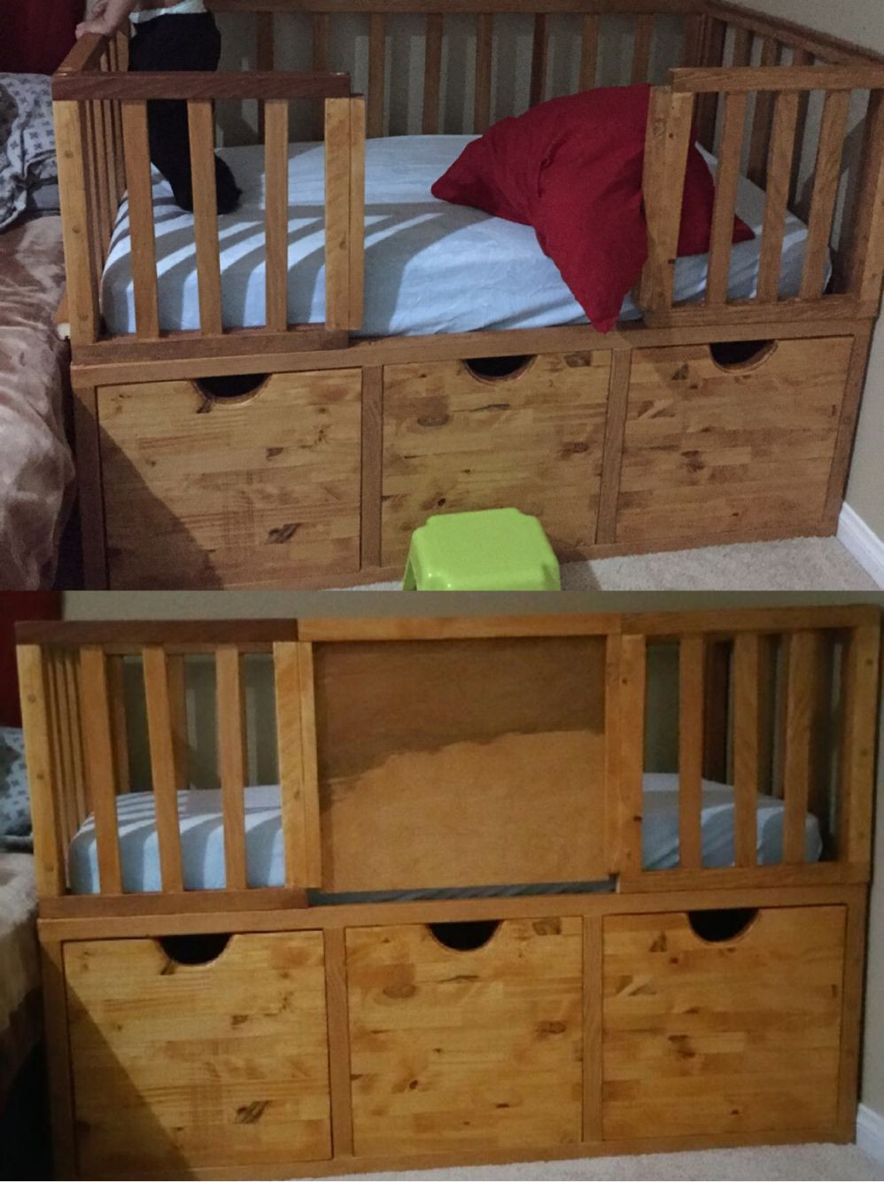 DIY Toddler Bed With Storage
 DIY toddler bed with storage and a slide in door for