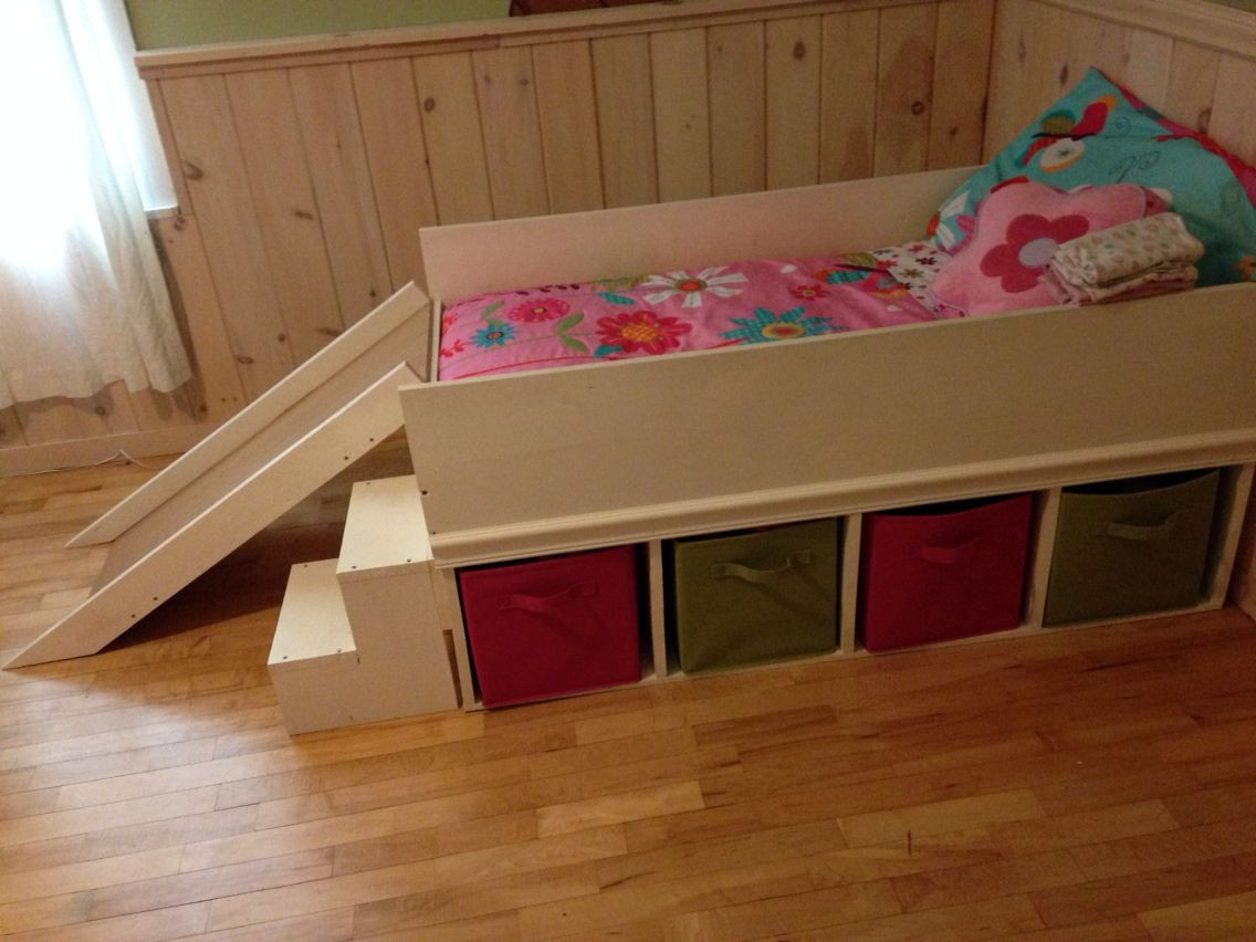 DIY Toddler Bed With Storage
 DIY toddler bed with small slide and toy storage