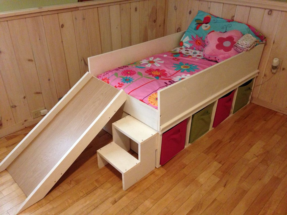 DIY Toddler Bed With Storage
 DIY toddler bed with slide and toy storage