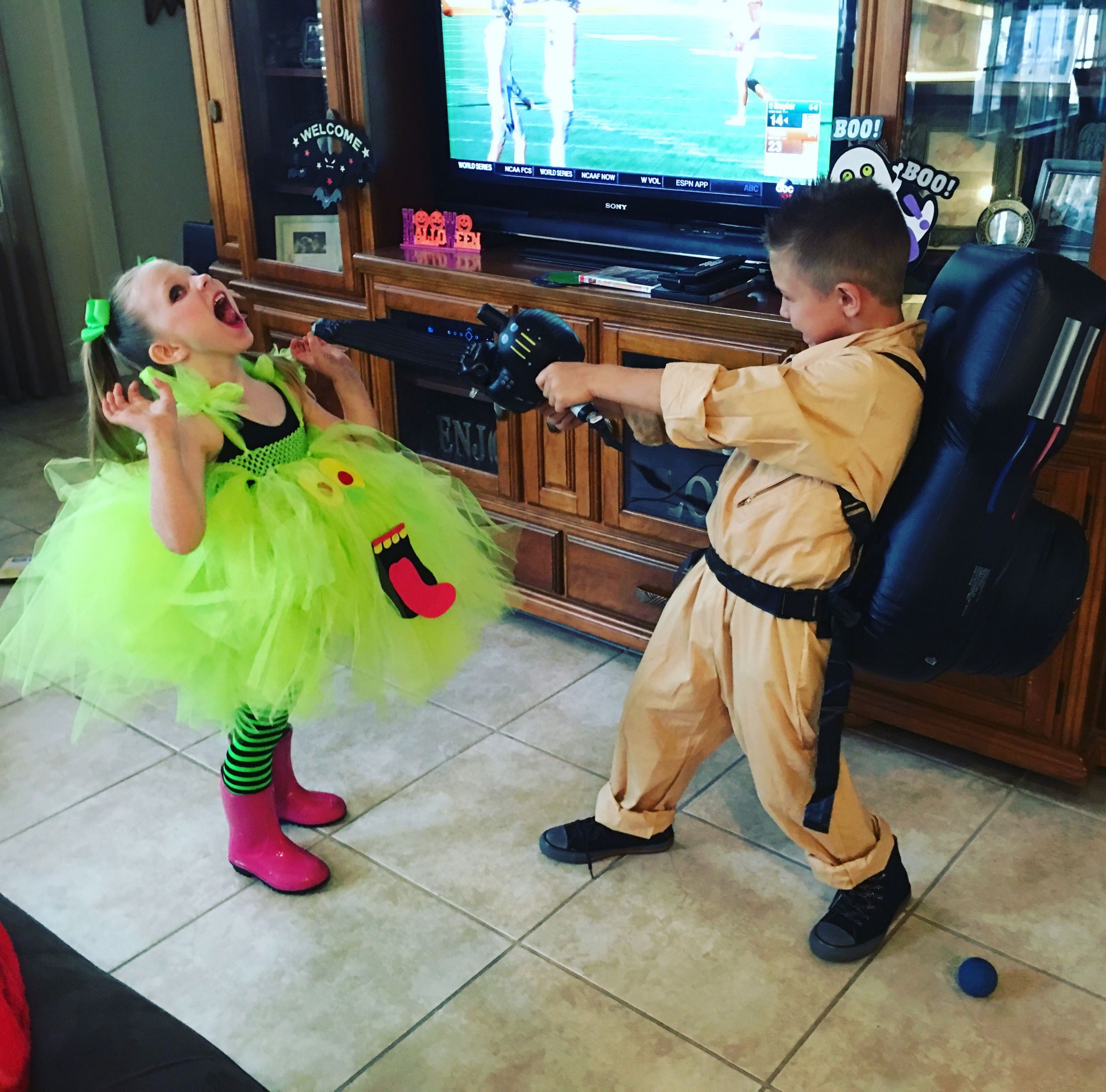 DIY Toddler Ghostbuster Costume
 Slimer and the ghostbuster Halloween costume