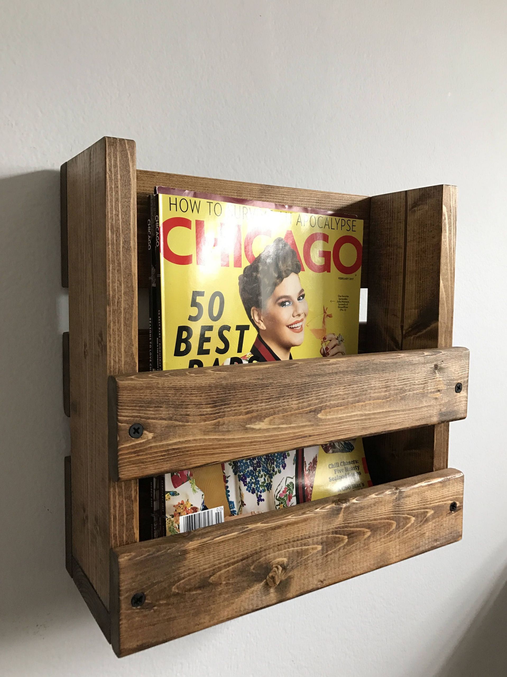 DIY Wall Magazine Rack
 Rustic magazine rack Wall mounted magazine holder Wood