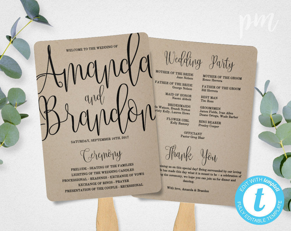 DIY Wedding Fan
 Wedding Program Fan Template Calligraphy Script Printable