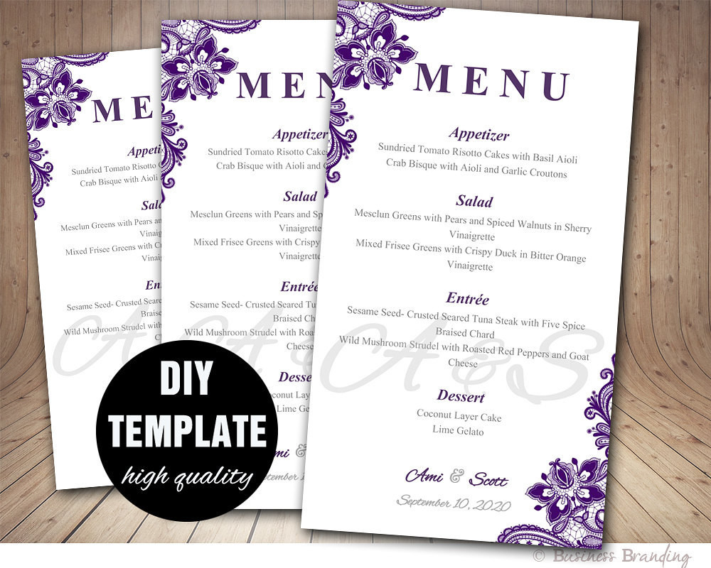 DIY Wedding Menu Card
 Purple Wedding Menu Card Template DIY Wedding Menu Template