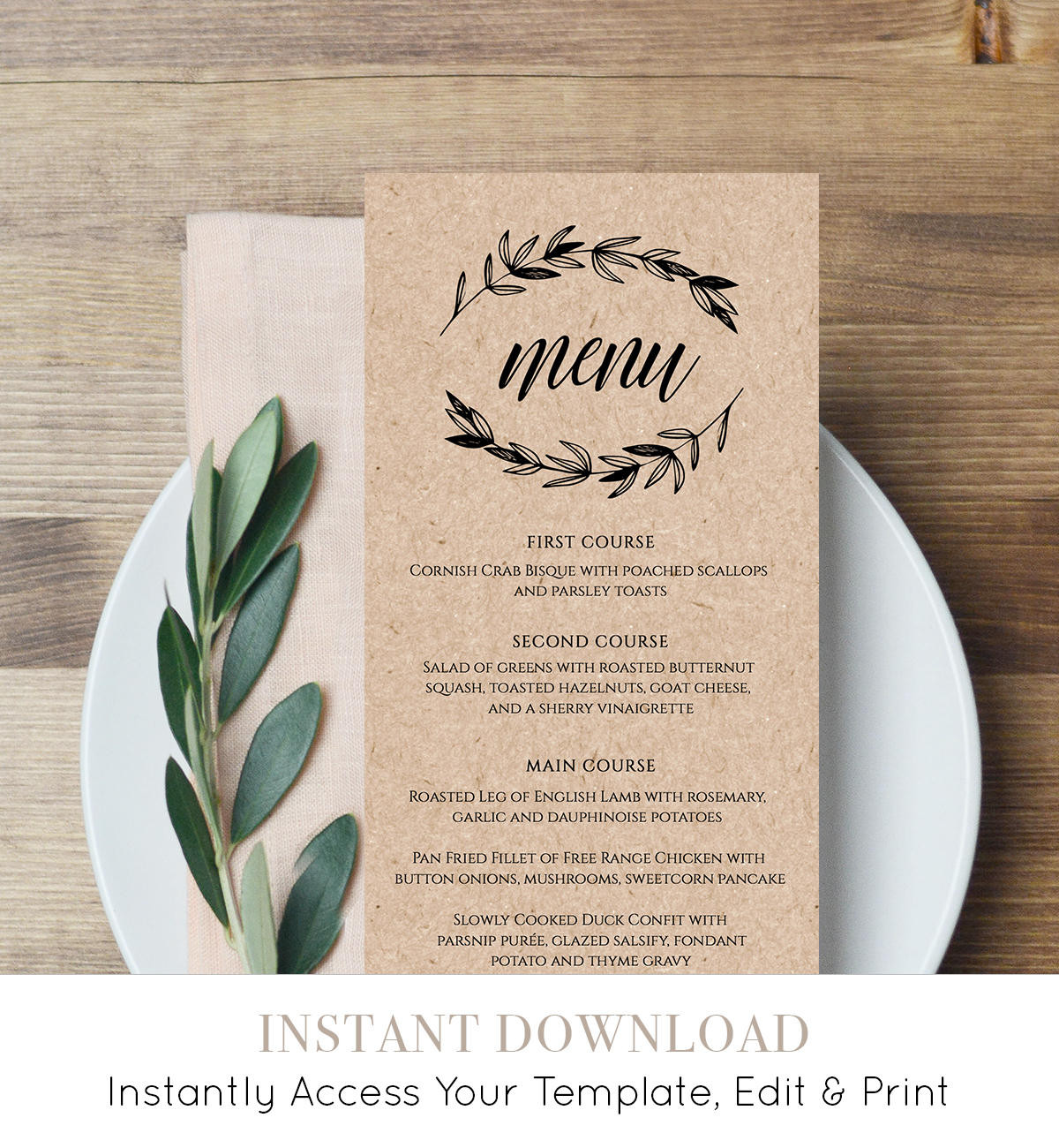 DIY Wedding Menu Card
 Rustic Wedding Menu Template Printable Menu Card