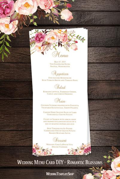 DIY Wedding Menu Card
 Wedding Menu Card Romantic Blossoms Tea Length Printable