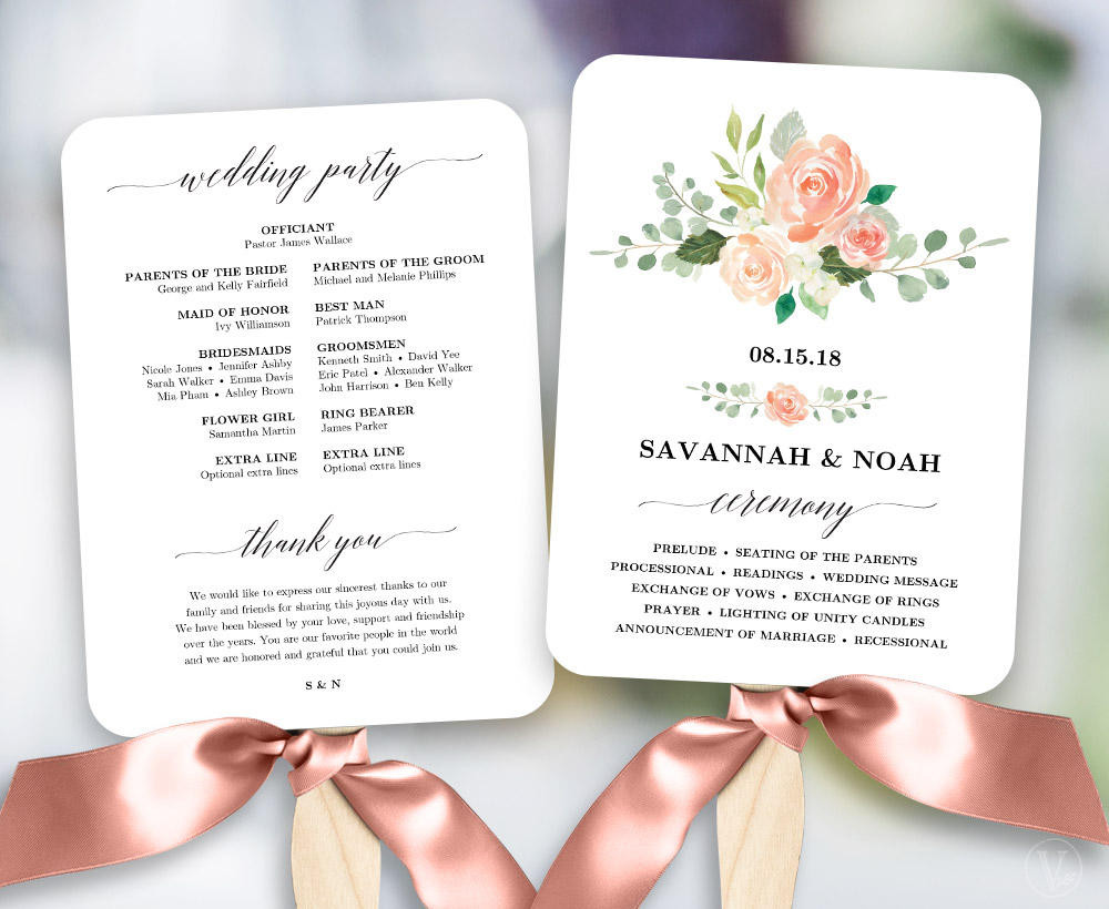 DIY Wedding Program Fans
 Peach Blush Floral Wedding Program Fan Template Printable