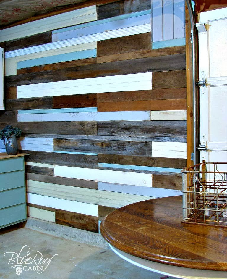 DIY Wood Plank Walls
 blue roof cabin DIY Plank Wall