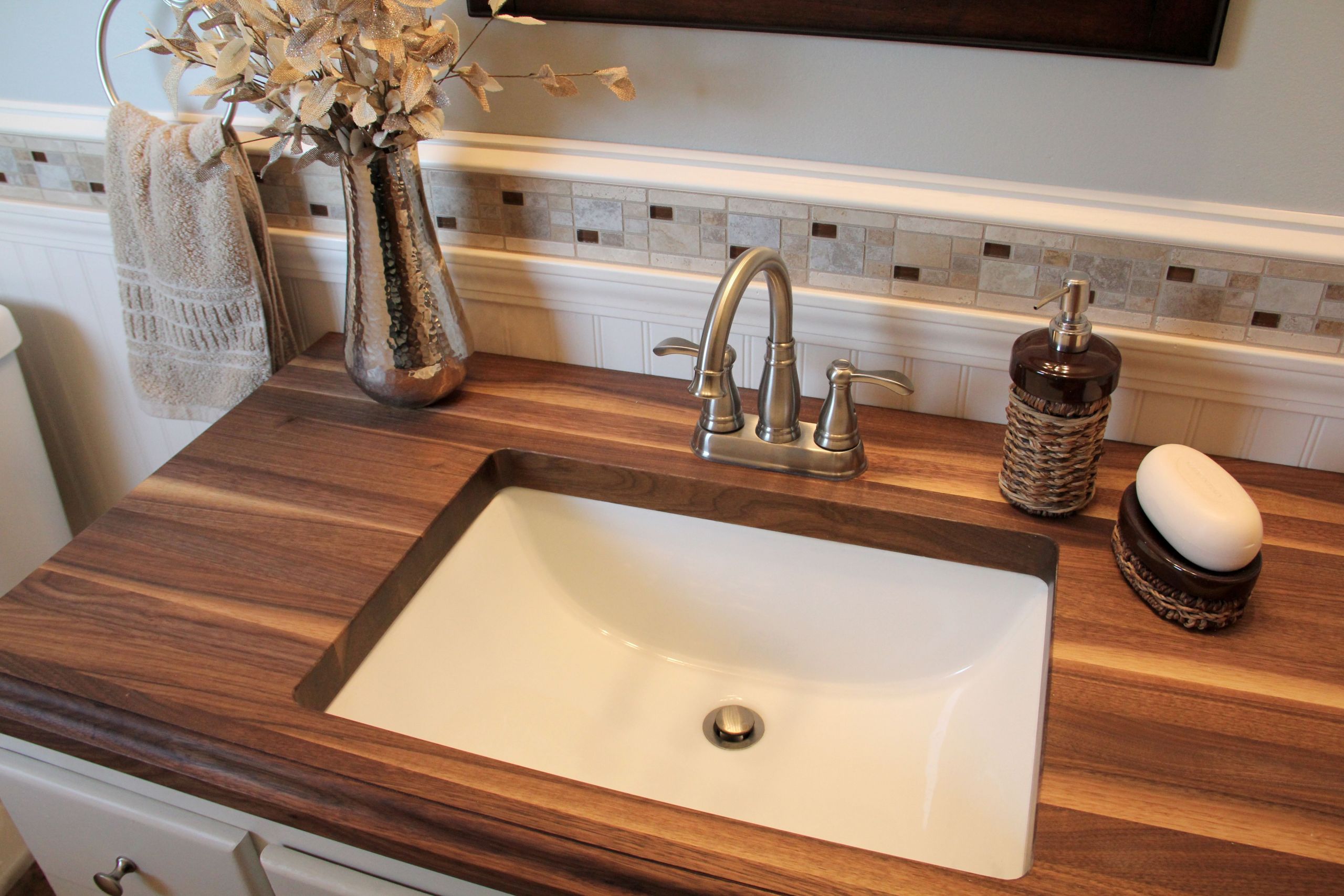 DIY Wood Vanity Top
 Small bathroom with Walnut Wood Countertop