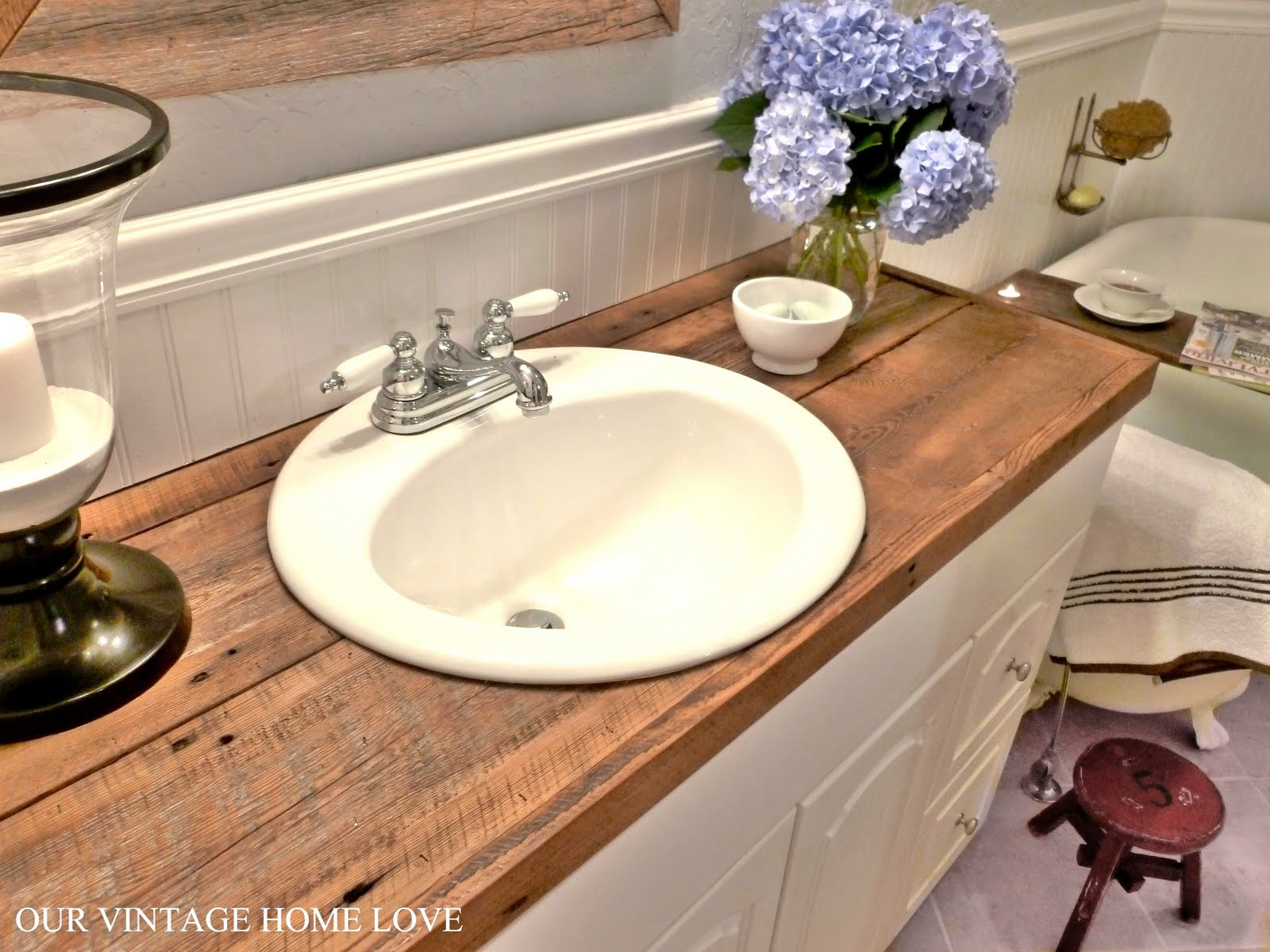 DIY Wood Vanity Top
 vintage home love Master Bath Redo Featuring Reclaimed