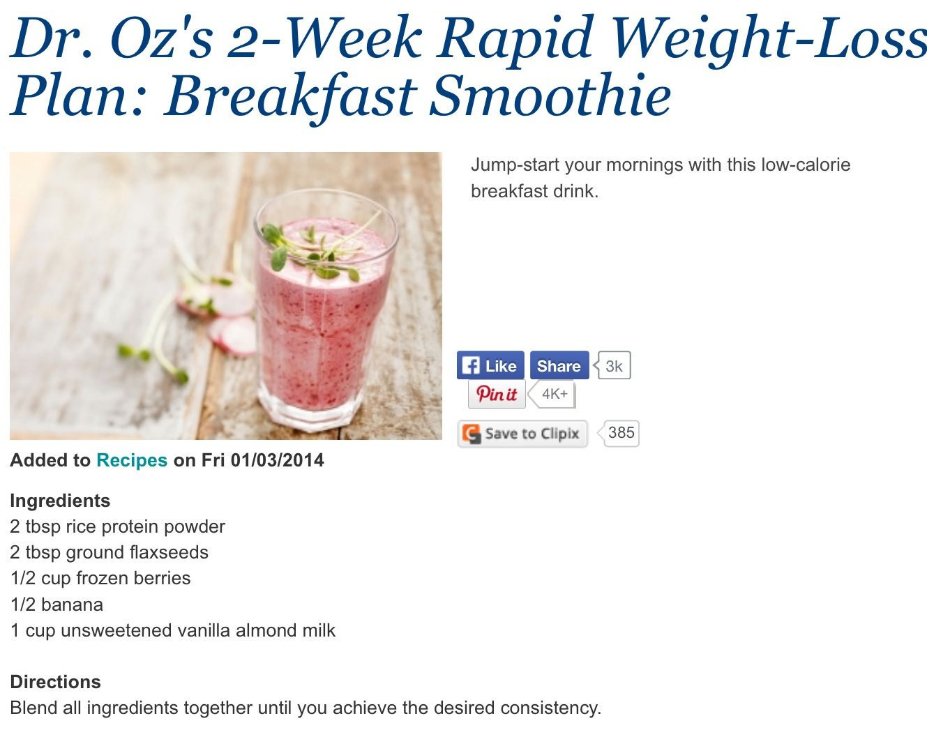 Dr Oz Smoothies For Weight Loss
 Dr oz weight loss breakfast smoothie