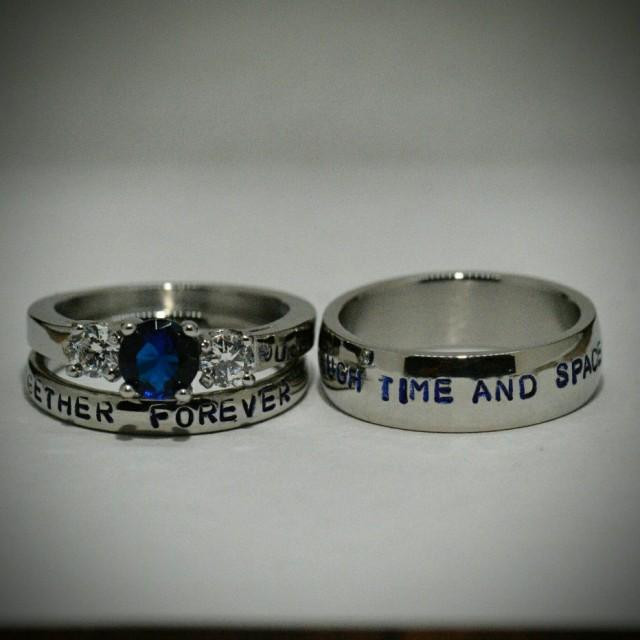 Dr Who Wedding Rings
 Doctor Who Inspired 3 Piece Wedding Set Hand Stamped