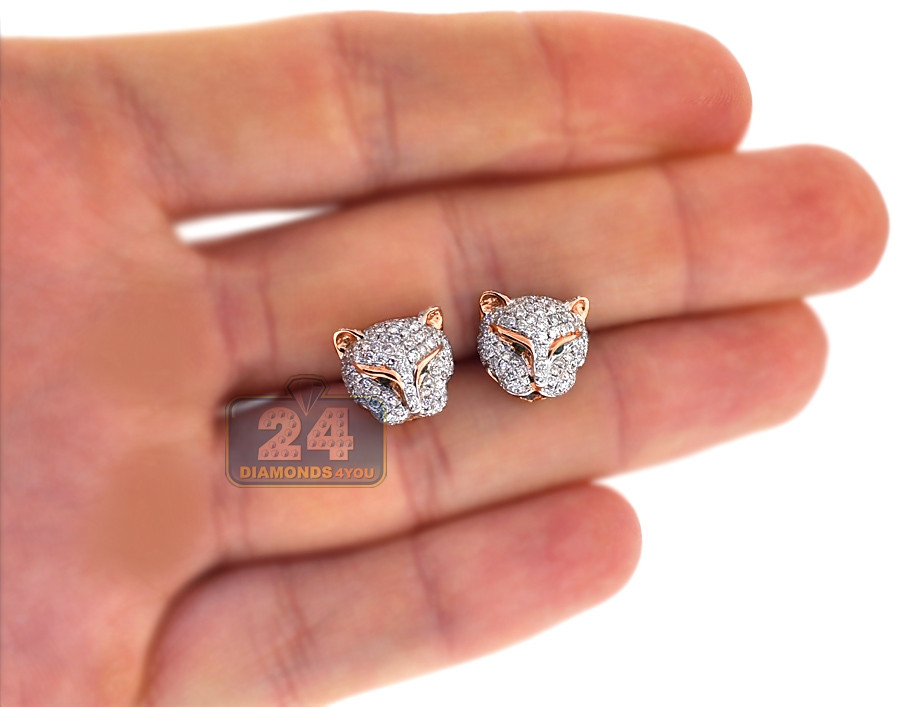 Earring Studs
 Womens Diamond Panther Head Stud Earrings 18K Rose Gold 1