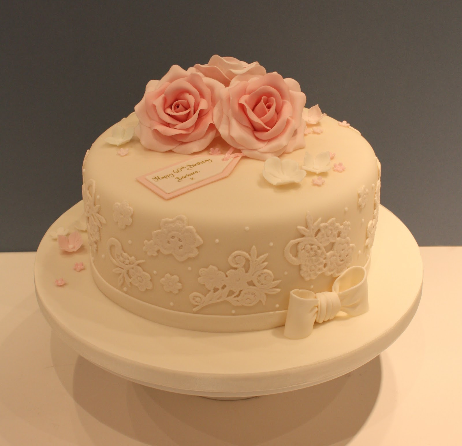 Elegant Birthday Cake
 Tiers & Tiaras Elegant Lace & Roses Birthday Cake
